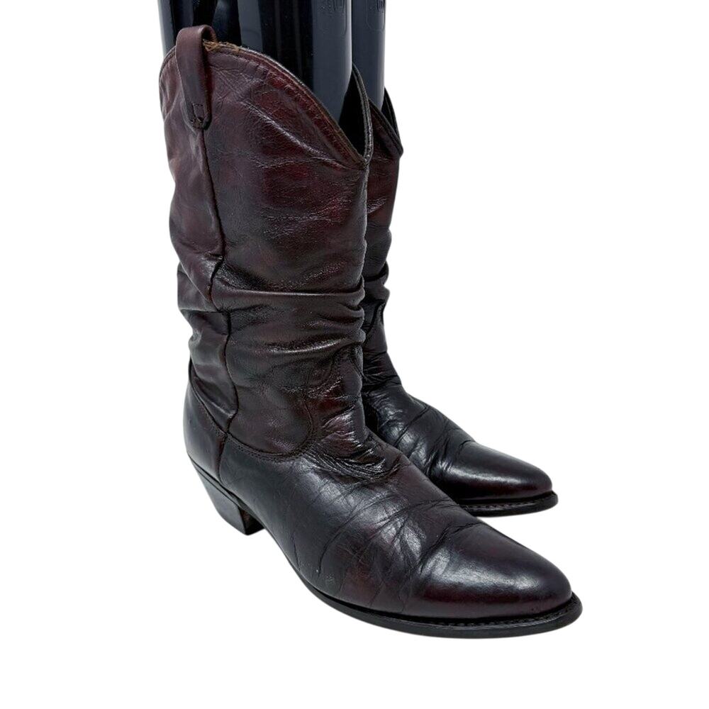 Vintage Dingo Deep Mahogany Brown Leather Slouchy Western Boots Size 8.5 Pull On